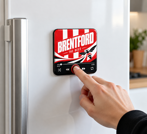Brentford The Bees sound magnet on fridge with button being pressed