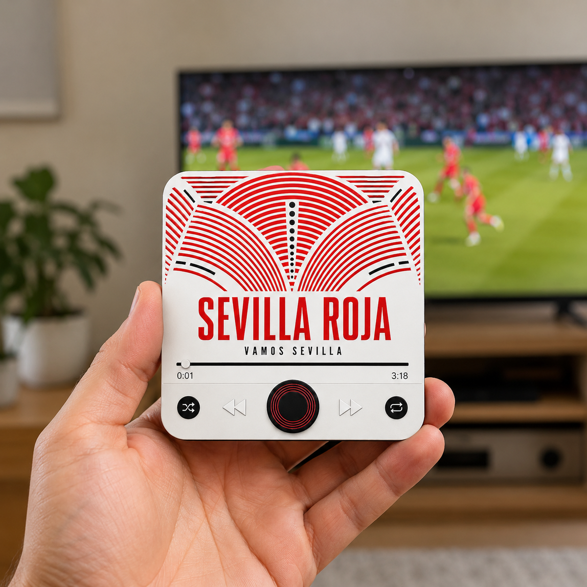 Magnete sonoro da calcio Sevilla Roja — tenuto in mano