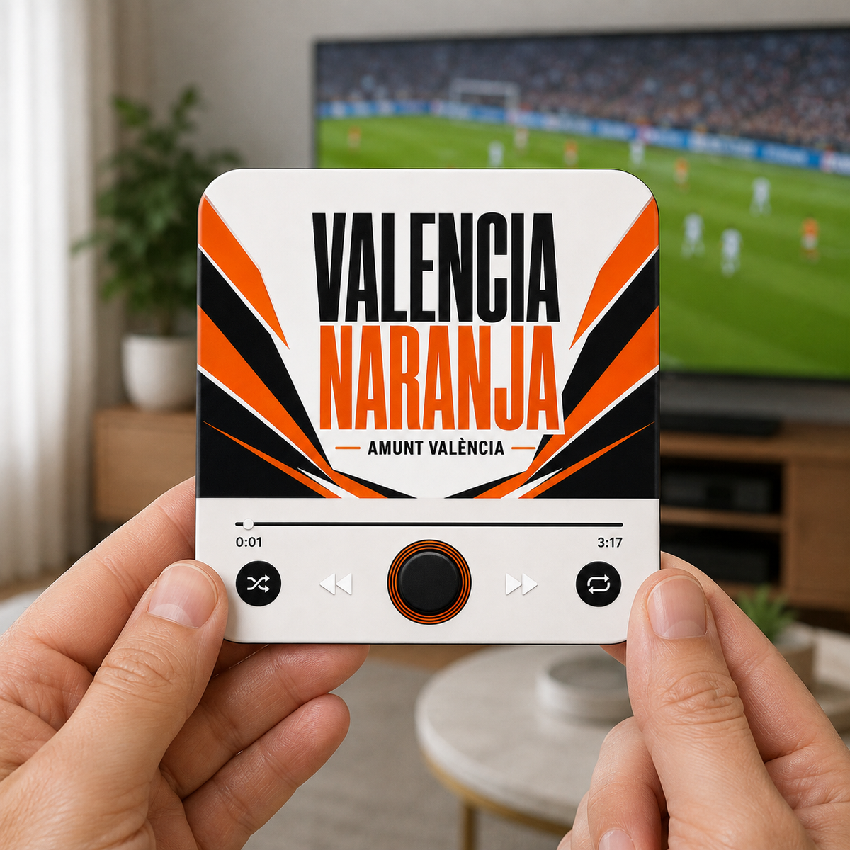 Aimant sonore football Valencia Naranja — dans la main