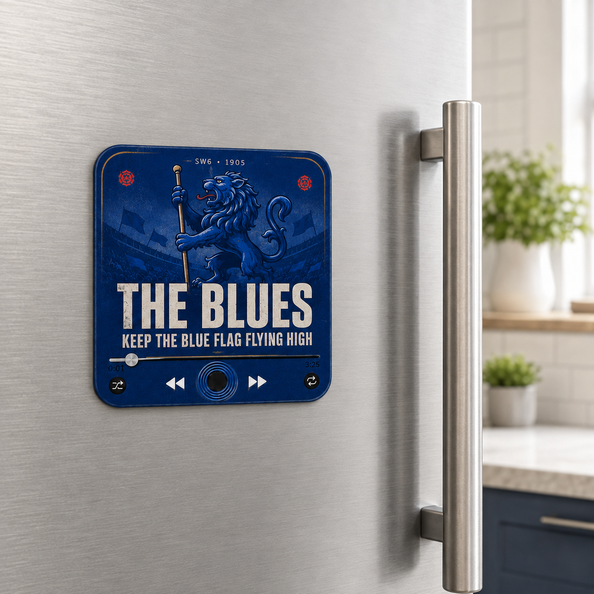 West London Blues football sound magnet on a refrigerator