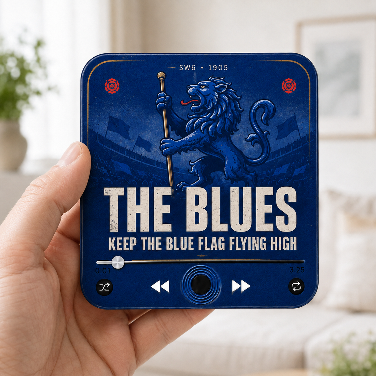 West London Blues football sound magnet held in hand